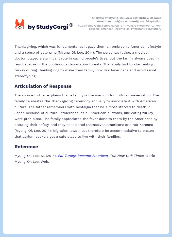 Analysis of Myung-Ok Lee’s Eat Turkey, Become American: Insights on Immigrant Adaptation. Page 2