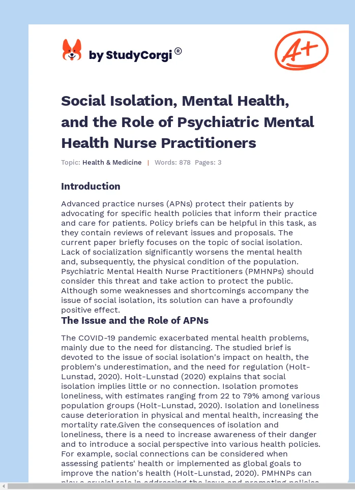 Social Isolation, Mental Health, and the Role of Psychiatric Mental Health Nurse Practitioners. Page 1