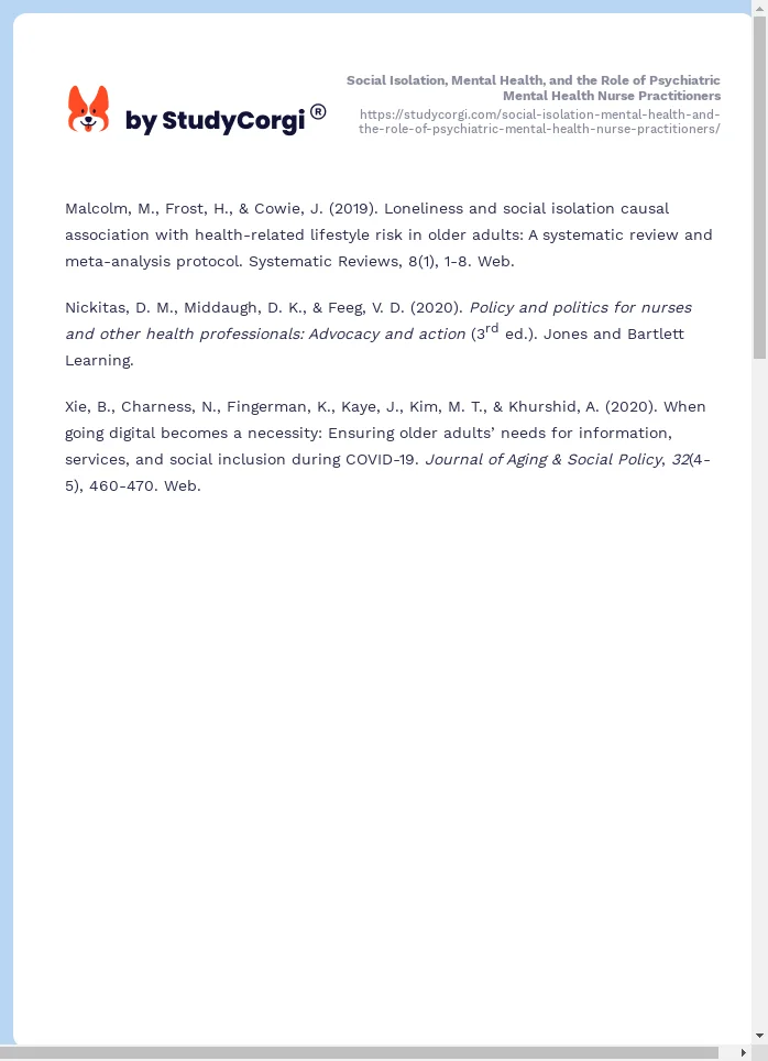 Social Isolation, Mental Health, and the Role of Psychiatric Mental Health Nurse Practitioners. Page 2