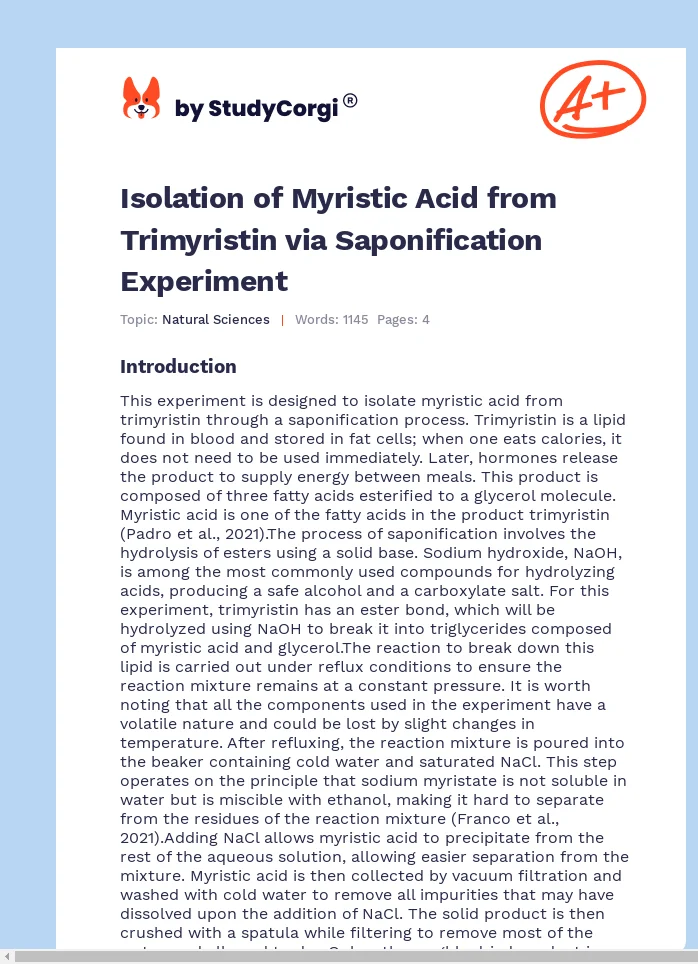 Isolation of Myristic Acid from Trimyristin via Saponification Experiment. Page 1