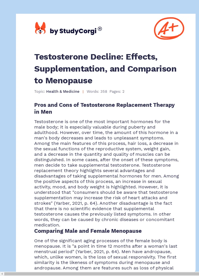 Testosterone Decline: Effects, Supplementation, and Comparison to Menopause. Page 1
