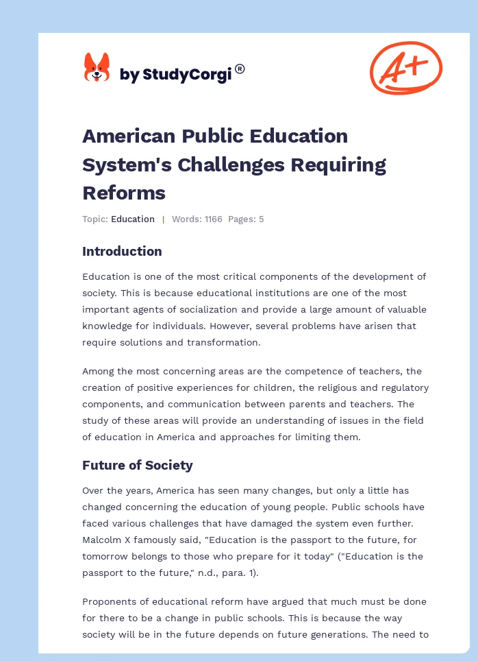 American Public Education System's Challenges Requiring Reforms. Page 1