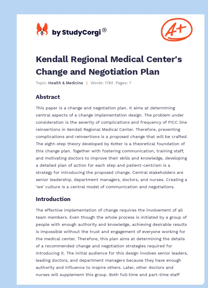 Kendall Regional Medical Center's Change and Negotiation Plan. Page 1