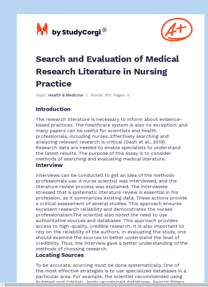 Search and Evaluation of Medical Research Literature in Nursing Practice. Page 1