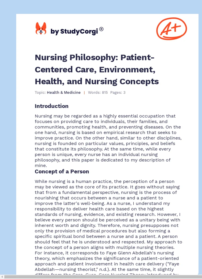 Nursing Philosophy: Patient-Centered Care, Environment, Health, and Nursing Concepts. Page 1