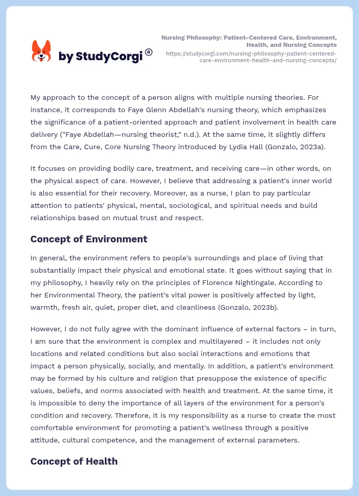Nursing Philosophy: Patient-Centered Care, Environment, Health, and Nursing Concepts. Page 2