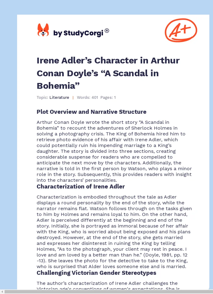 Irene Adler’s Character in Arthur Conan Doyle’s “A Scandal in Bohemia”. Page 1