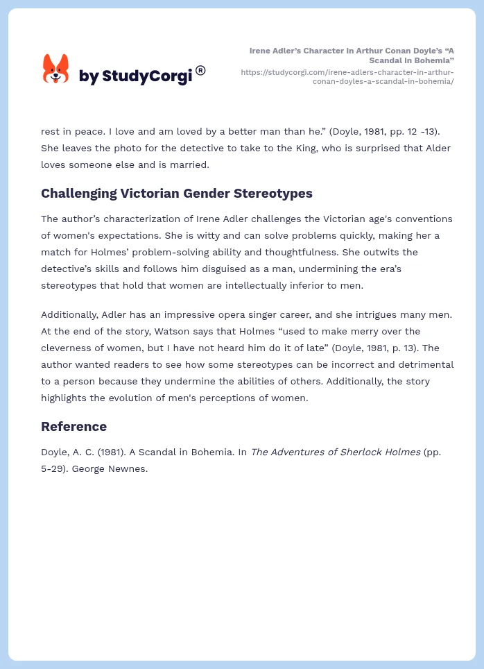 Irene Adler’s Character in Arthur Conan Doyle’s “A Scandal in Bohemia”. Page 2