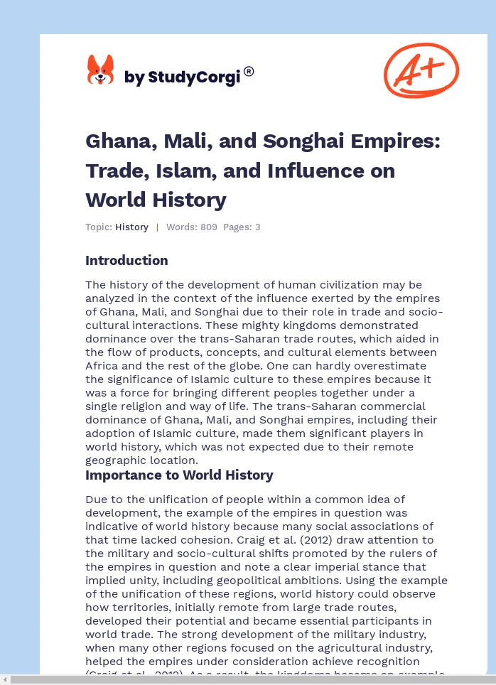 Ghana, Mali, and Songhai Empires: Trade, Islam, and Influence on World History. Page 1
