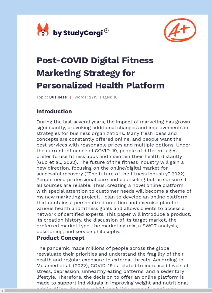 Post-COVID Digital Fitness Marketing Strategy for Personalized Health Platform. Page 1
