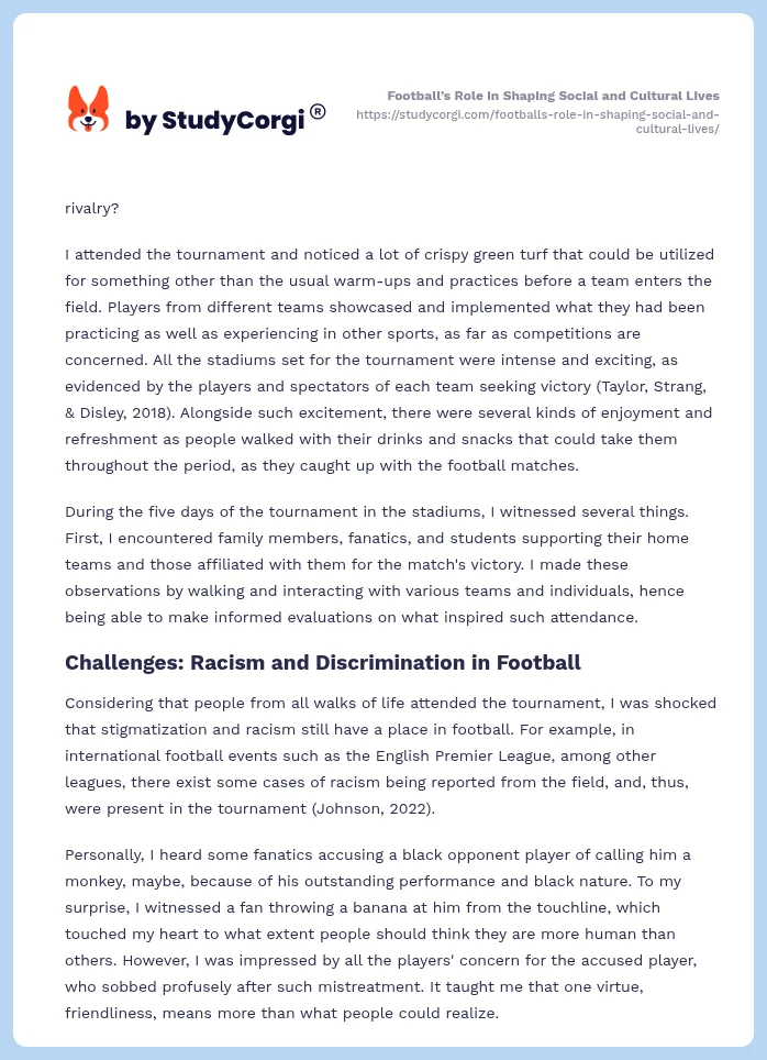Football’s Role in Shaping Social and Cultural Lives. Page 2