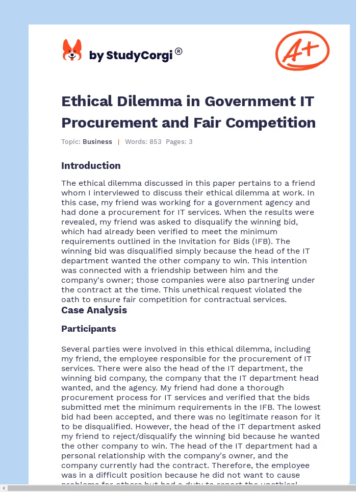 Ethical Dilemma in Government IT Procurement and Fair Competition. Page 1
