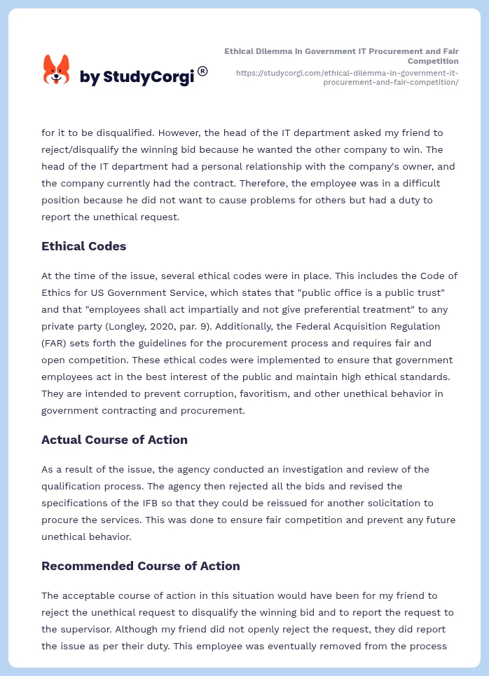 Ethical Dilemma in Government IT Procurement and Fair Competition. Page 2