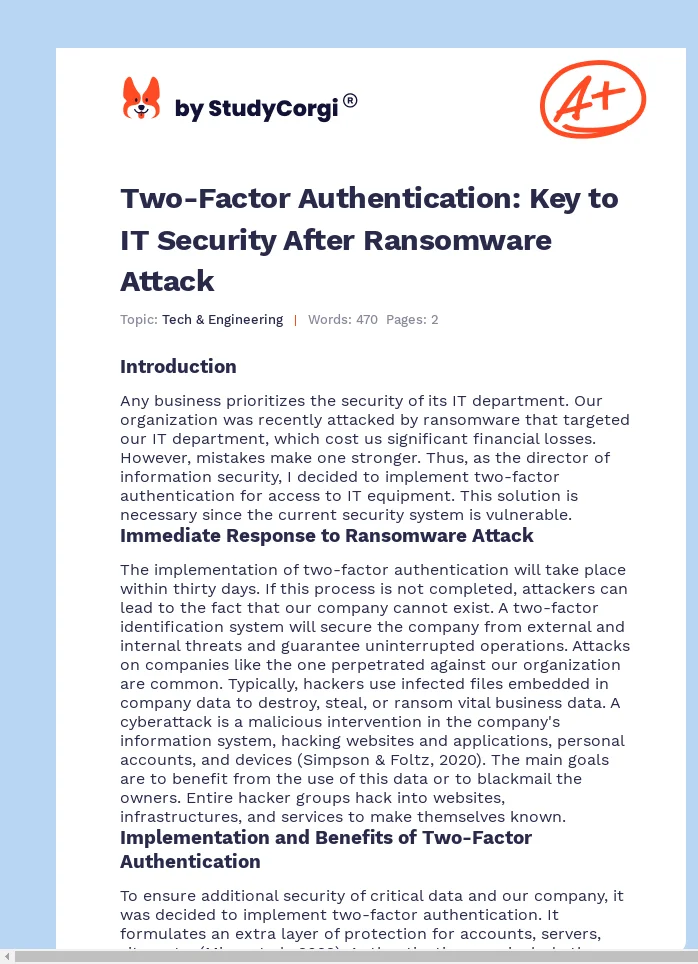 Two-Factor Authentication: Key to IT Security After Ransomware Attack. Page 1
