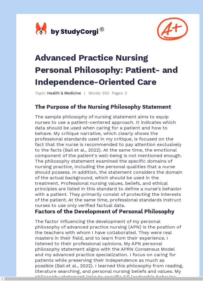 Advanced Practice Nursing Personal Philosophy: Patient- and Independence-Oriented Care. Page 1