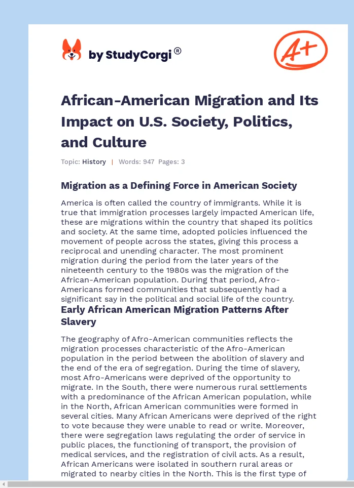 African-American Migration and Its Impact on U.S. Society, Politics, and Culture. Page 1