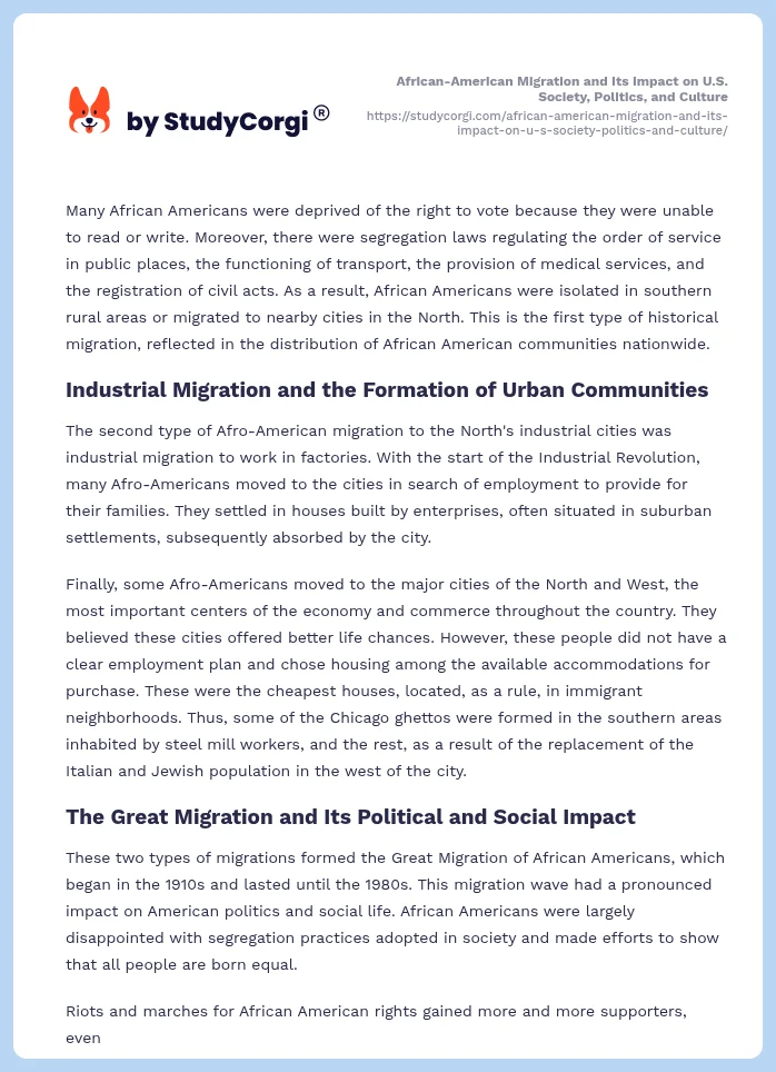 African-American Migration and Its Impact on U.S. Society, Politics, and Culture. Page 2