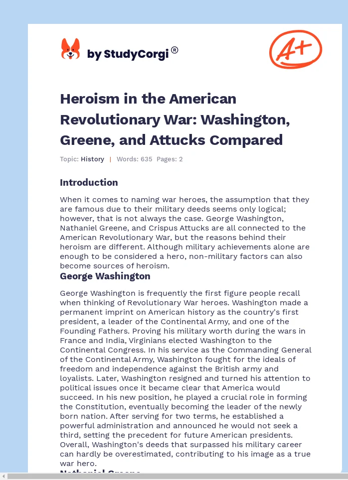 Heroism in the American Revolutionary War: Washington, Greene, and Attucks Compared. Page 1