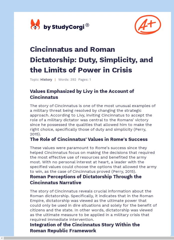 Cincinnatus and Roman Dictatorship: Duty, Simplicity, and the Limits of Power in Crisis. Page 1