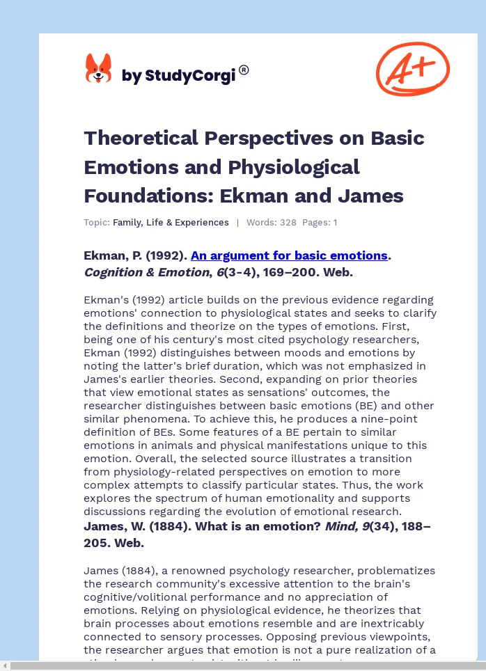 Theoretical Perspectives on Basic Emotions and Physiological Foundations: Ekman and James. Page 1