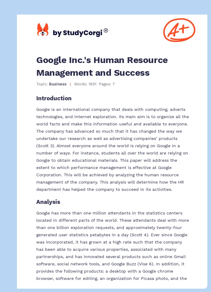 Google Inc.'s Human Resource Management and Success. Page 1