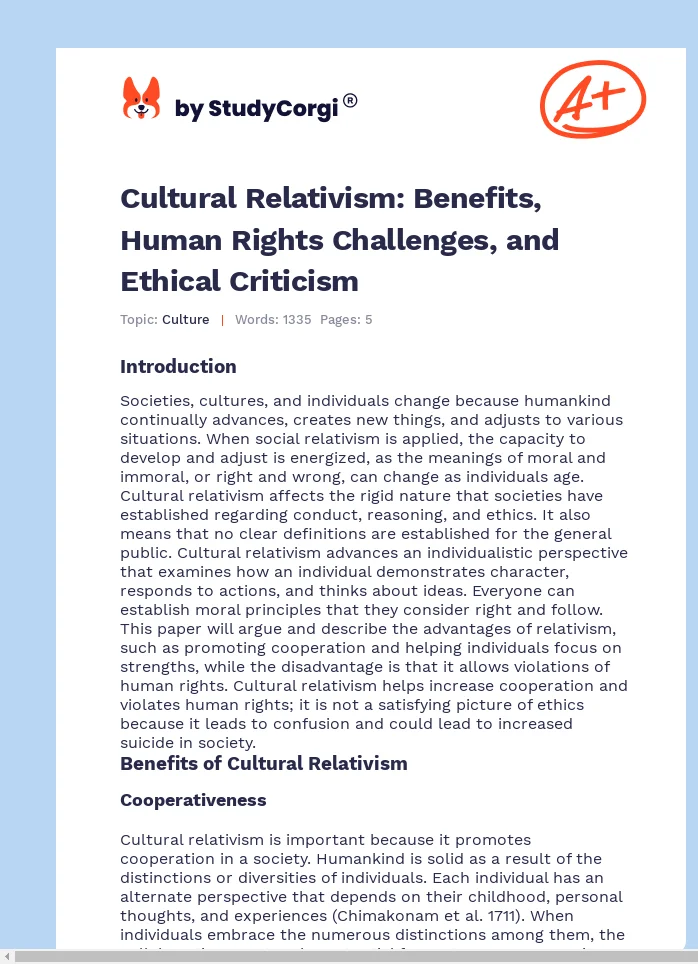 Cultural Relativism: Benefits, Human Rights Challenges, and Ethical Criticism. Page 1