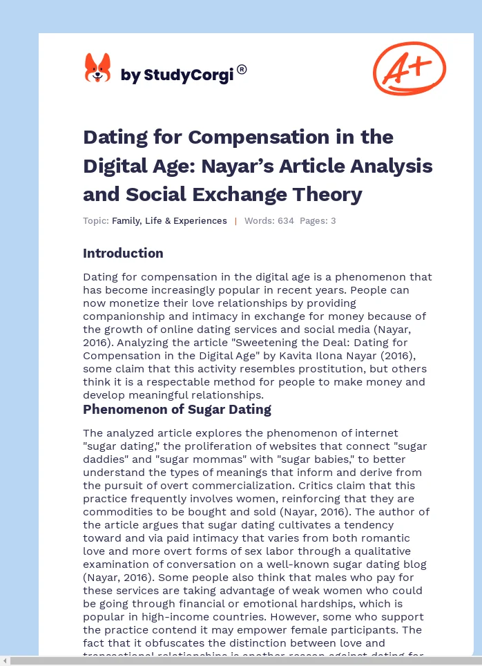 Dating for Compensation in the Digital Age: Nayar’s Article Analysis and Social Exchange Theory. Page 1