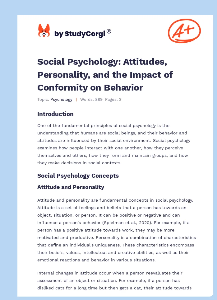 Social Psychology: Attitudes, Personality, and the Impact of Conformity on Behavior. Page 1