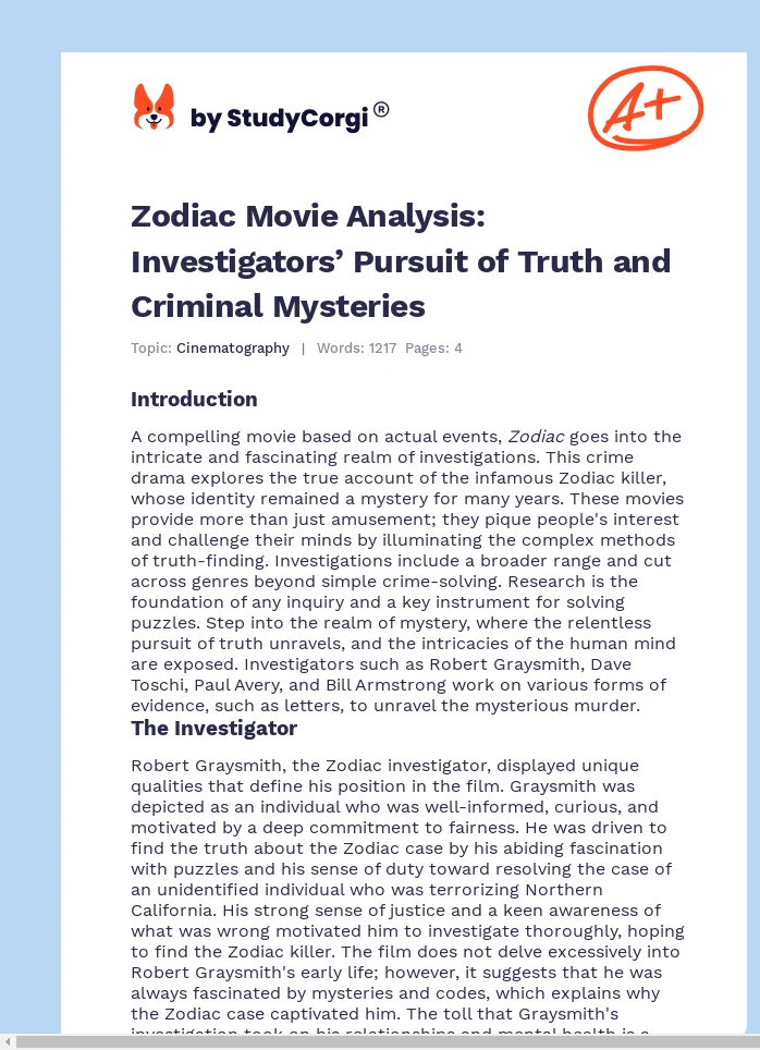Zodiac Movie Analysis: Investigators’ Pursuit of Truth and Criminal Mysteries. Page 1