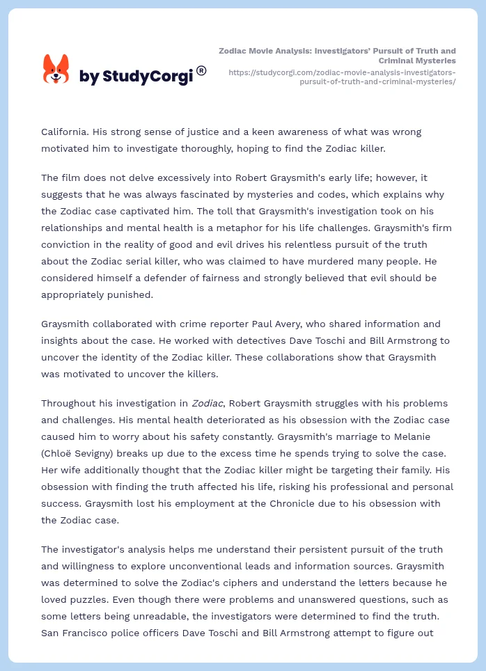 Zodiac Movie Analysis: Investigators’ Pursuit of Truth and Criminal Mysteries. Page 2
