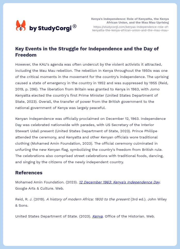 Kenya’s Independence: Role of Kenyatta, the Kenya African Union, and the Mau Mau Uprising. Page 2