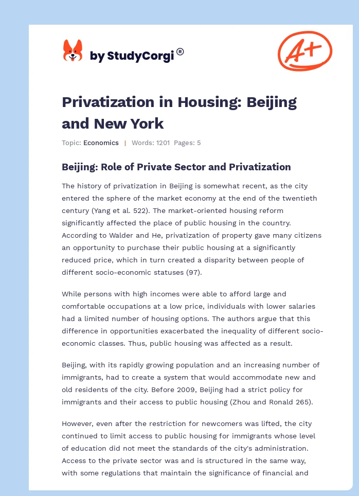 Privatization in Housing: Beijing and New York. Page 1