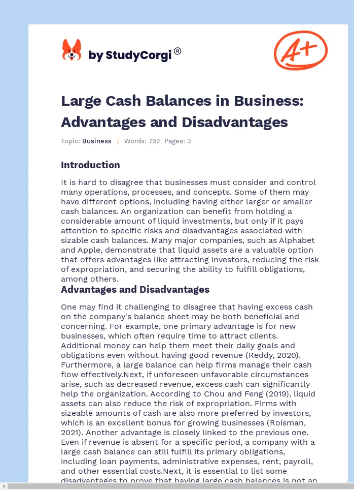 Large Cash Balances in Business: Advantages and Disadvantages. Page 1