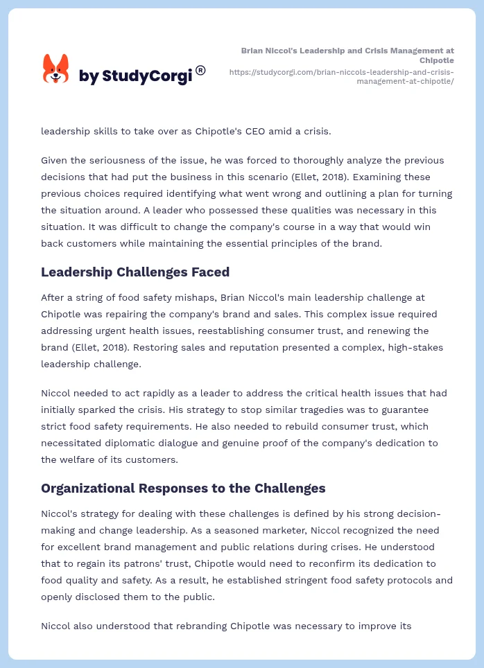 Brian Niccol's Leadership and Crisis Management at Chipotle. Page 2