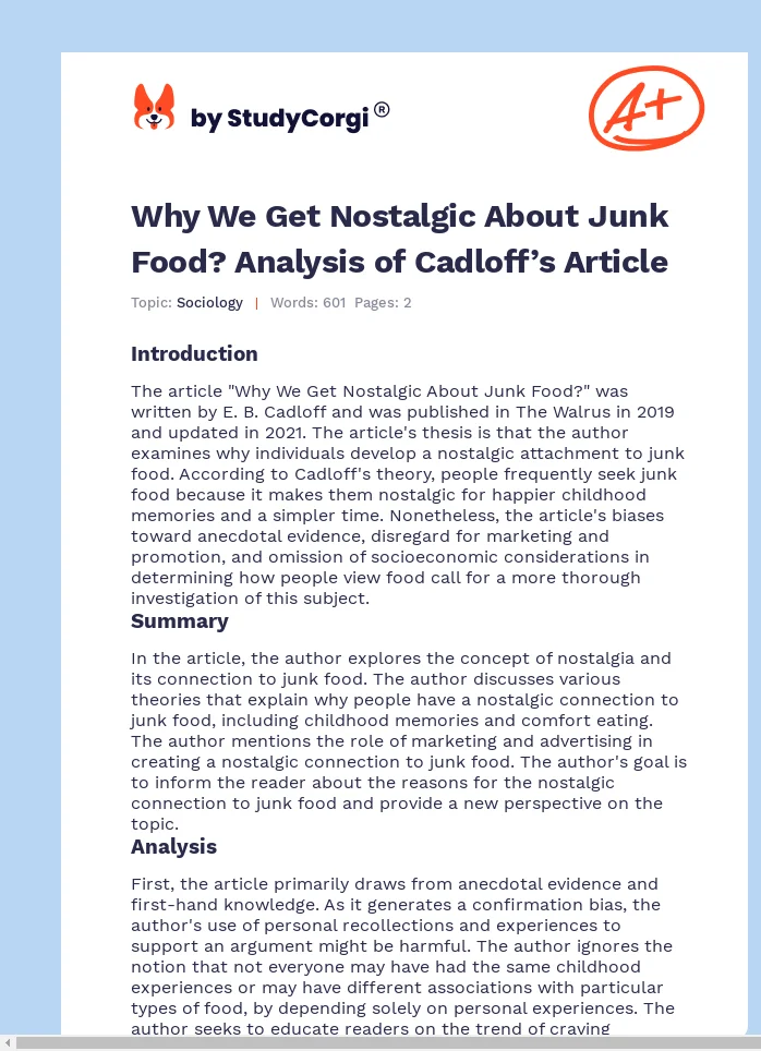 Why We Get Nostalgic About Junk Food? Analysis of Cadloff’s Article. Page 1