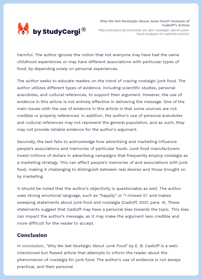 Why We Get Nostalgic About Junk Food? Analysis of Cadloff’s Article. Page 2
