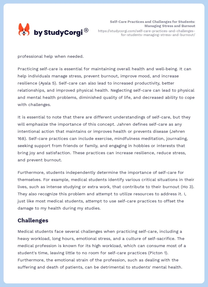 Self-Care Practices and Challenges for Students: Managing Stress and Burnout. Page 2