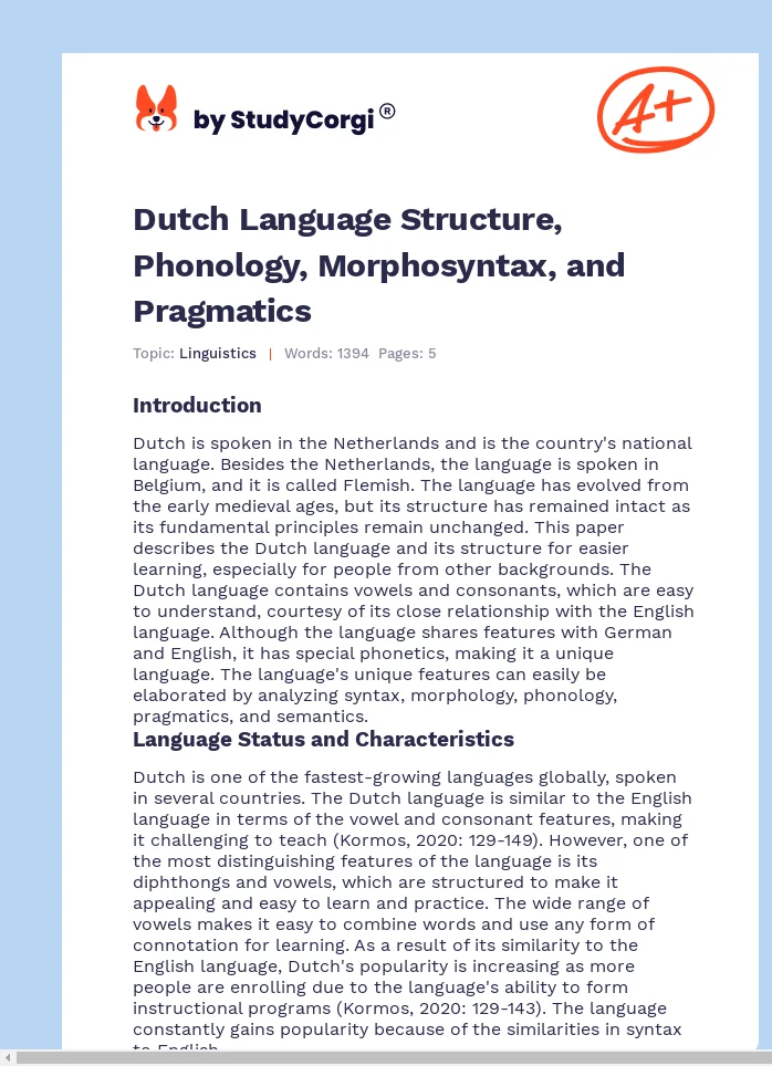 Dutch Language Structure, Phonology, Morphosyntax, and Pragmatics. Page 1