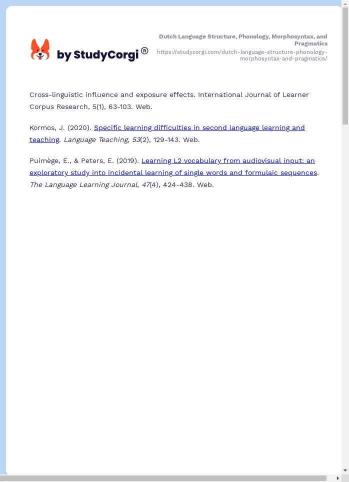 Dutch Language Structure, Phonology, Morphosyntax, and Pragmatics. Page 2