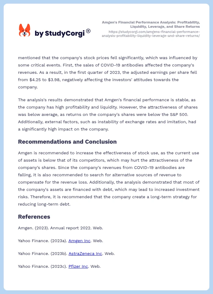 Amgen's Financial Performance Analysis: Profitability, Liquidity, Leverage, and Share Returns. Page 2
