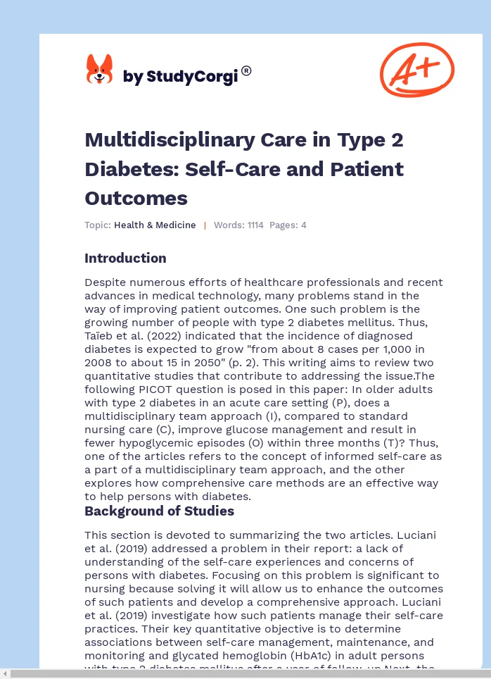 Multidisciplinary Care in Type 2 Diabetes: Self-Care and Patient Outcomes. Page 1