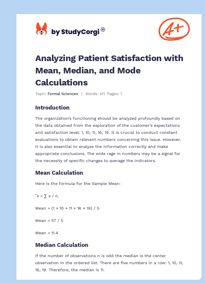 Analyzing Patient Satisfaction with Mean, Median, and Mode Calculations. Page 1