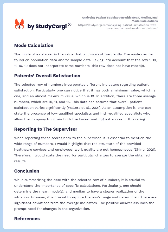 Analyzing Patient Satisfaction with Mean, Median, and Mode Calculations. Page 2