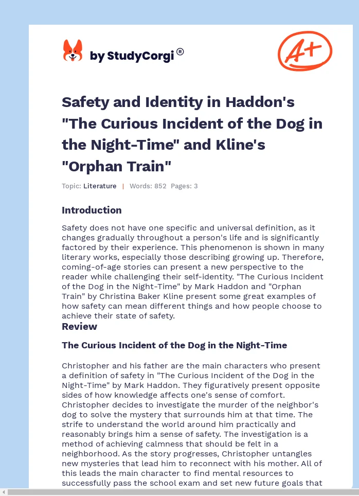 Safety and Identity in Haddon's "The Curious Incident of the Dog in the Night-Time" and Kline's "Orphan Train". Page 1