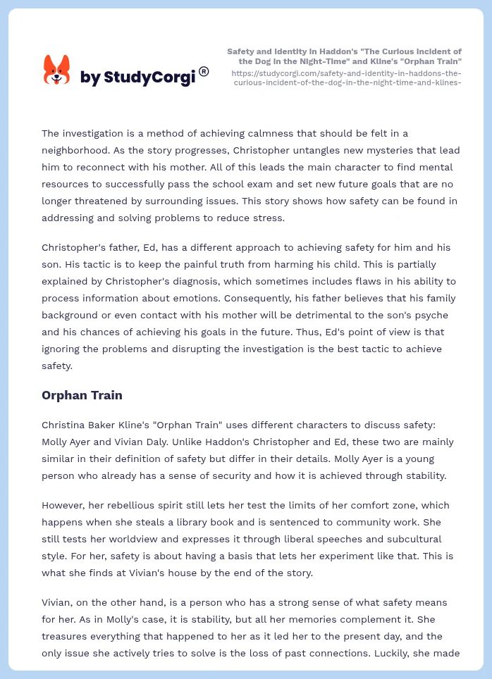 Safety and Identity in Haddon's "The Curious Incident of the Dog in the Night-Time" and Kline's "Orphan Train". Page 2