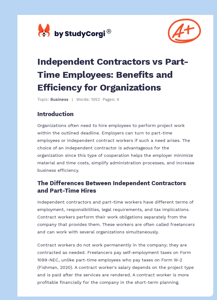 Independent Contractors vs Part-Time Employees: Benefits and Efficiency for Organizations. Page 1