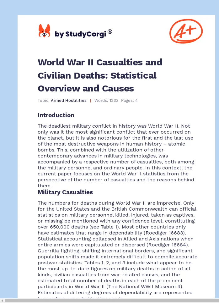 World War II Casualties and Civilian Deaths: Statistical Overview and Causes. Page 1