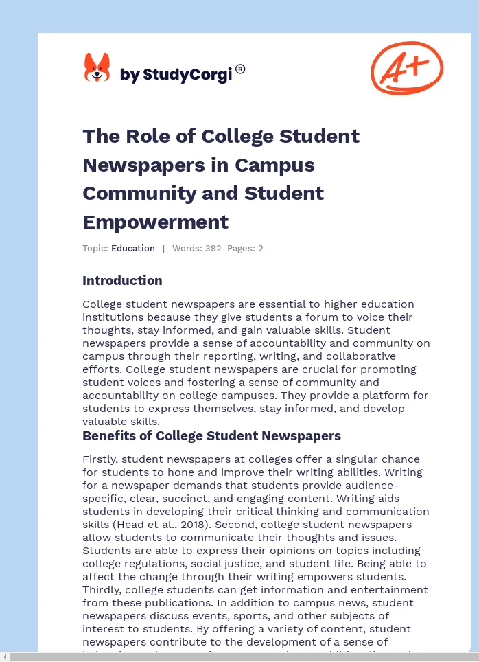 The Role of College Student Newspapers in Campus Community and Student Empowerment. Page 1