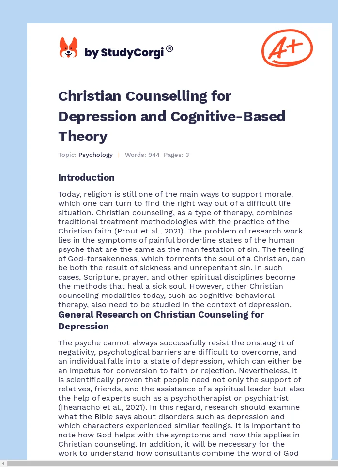 Christian Counselling for Depression and Cognitive-Based Theory. Page 1
