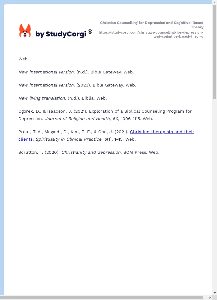 Christian Counselling for Depression and Cognitive-Based Theory. Page 2